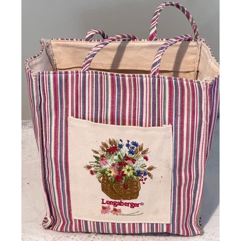 Longaberger Striped Canvas Fabric Tote Floral Basket Embroidery Pocket Church Vt